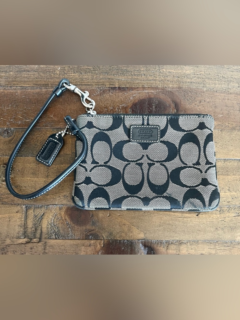 COACH Mini Wristlet Signature Logo Black Pattern Color: Grey Black